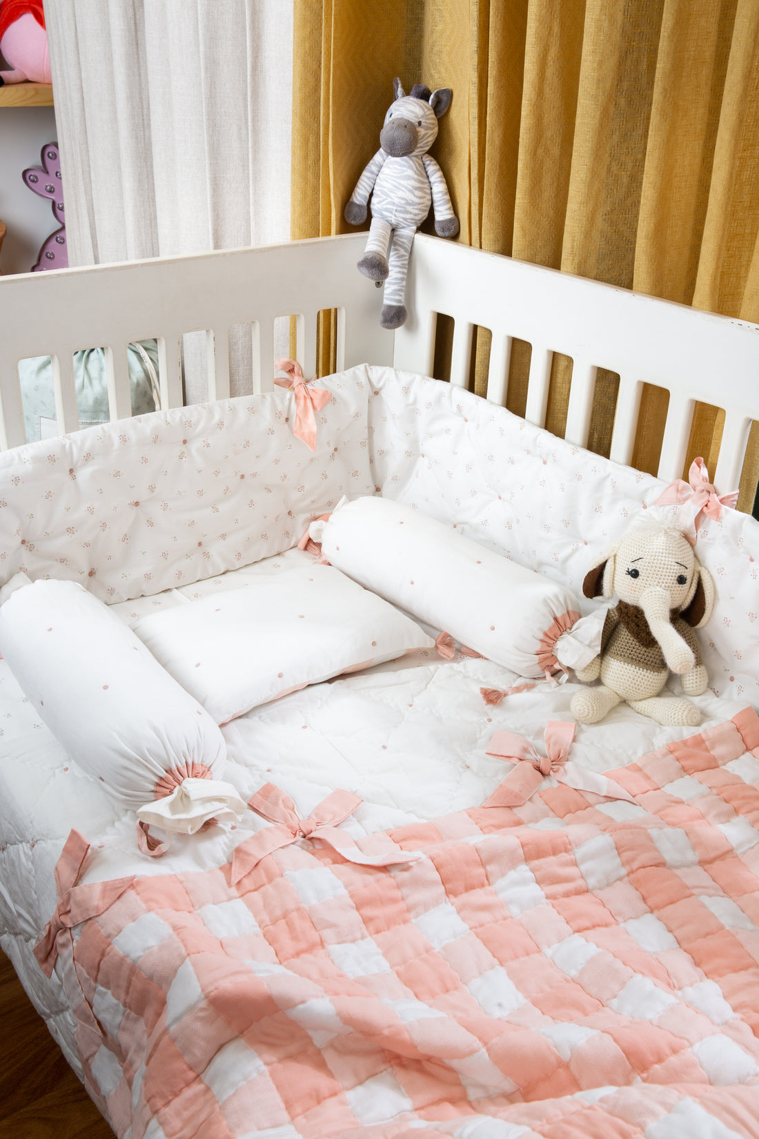 Baby Crib Bedding Set - Bows and Peaches | Set of 6 | Ivory and Peach
