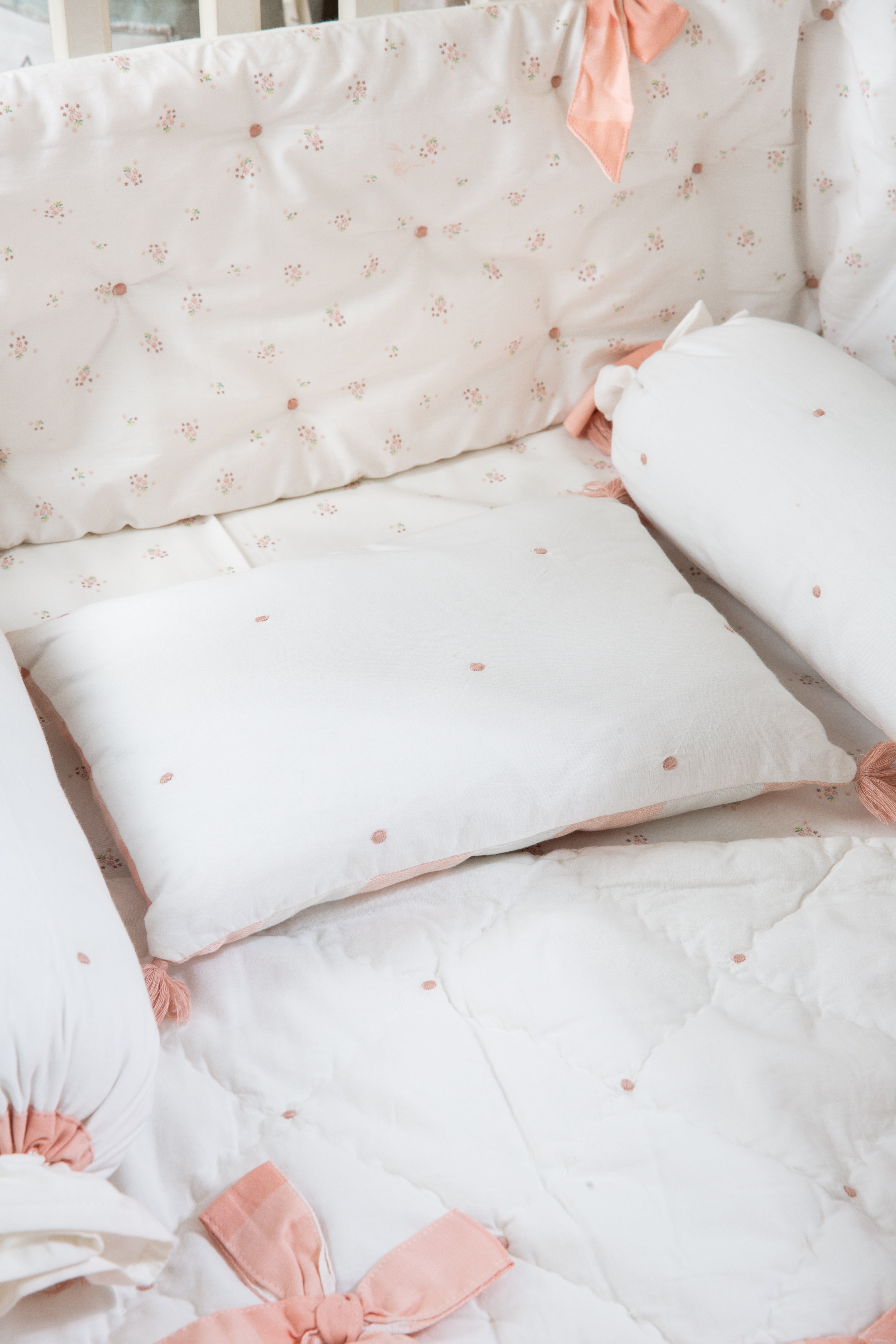 Baby Crib Bedding Set - Bows and Peaches | Set of 6 | Ivory and Peach