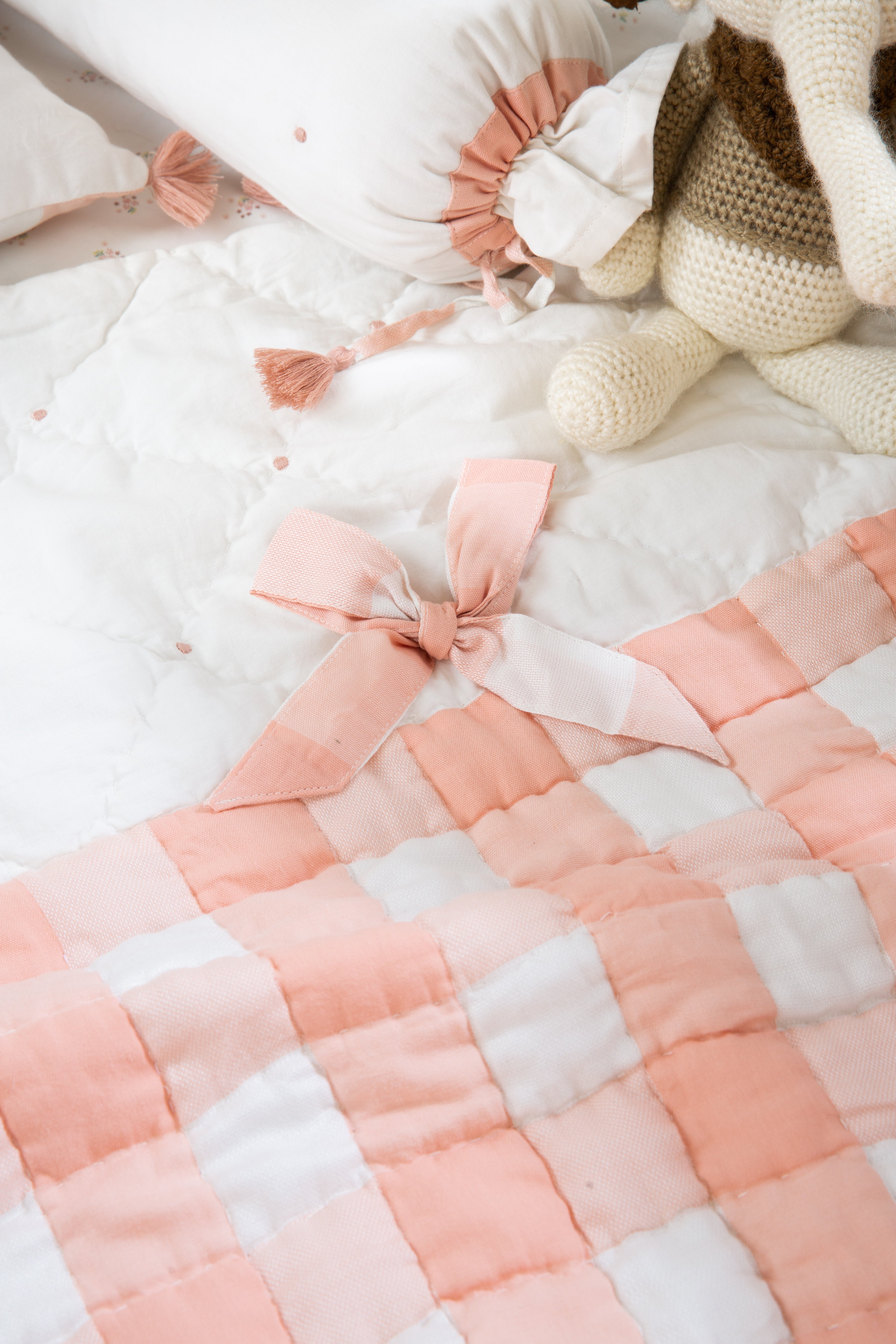 Baby Crib Bedding Set - Bows and Peaches | Set of 6 | Ivory and Peach